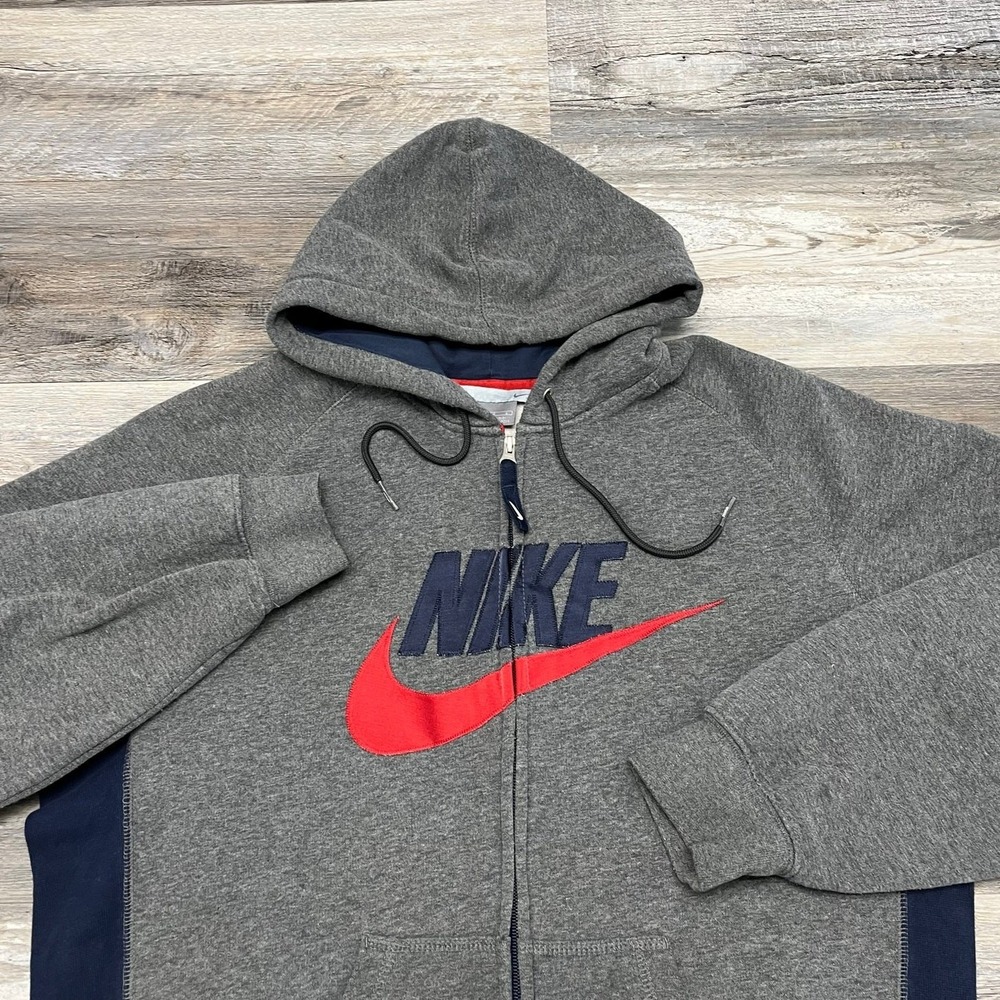 Vintage Y2K Nike‎ Gray Silver Tag Mens L Big Swoosh 2000s Spellout Zip Up Hoodie